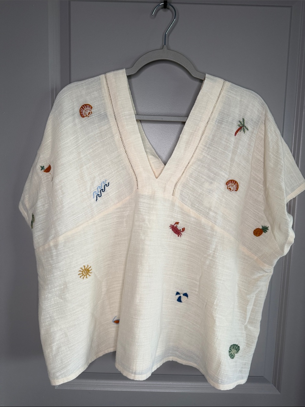 Cost Plus World Market Cream Top with Rust Embroidery